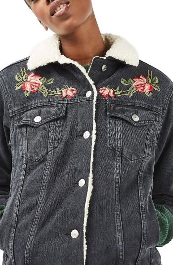 Women's Topshop Embroidered Borg Denim Jacket
