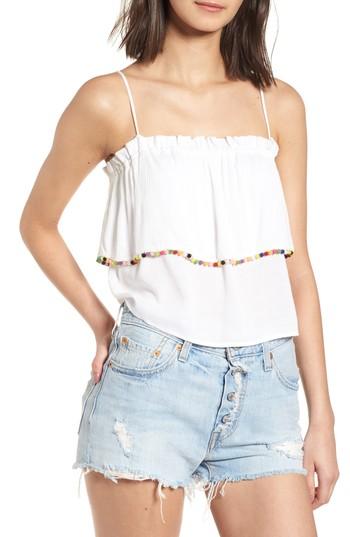 Women's Pompom Trim Ruffle Top - White