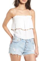 Women's Pompom Trim Ruffle Top - White