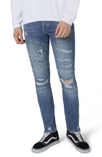 Men's Topman Ripped Zip Skinny Biker Jeans X 32 - Blue