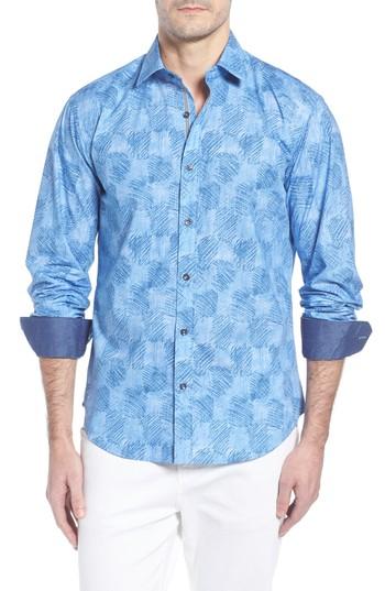 Men's Bugatchi Shaped Fit Abstract Check Sport Shirt - Blue