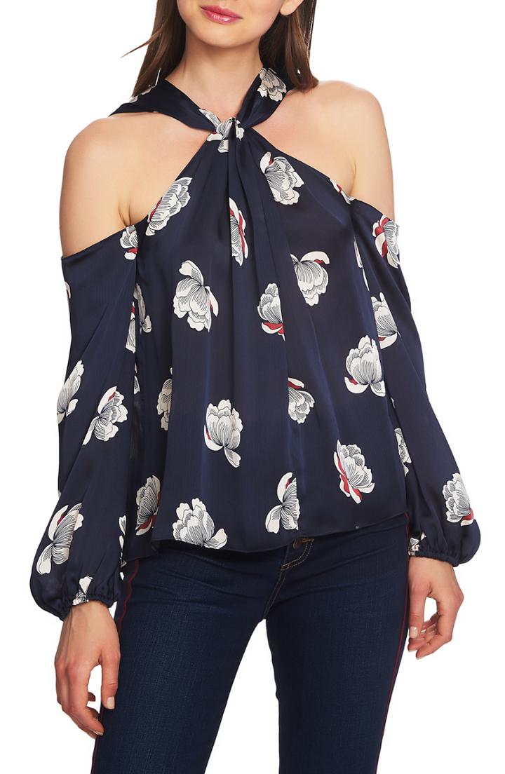 Women's 1.state Floating Blossoms Twist Neck Cold Shoulder Blouse, Size - Blue