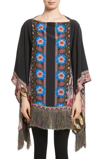 Women's Etro Fringe Trim Floral Paisley Silk Poncho