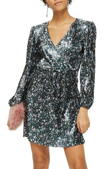 Women's Topshop Ditsy Foil Plisse Dress Us (fits Like 0) - Blue