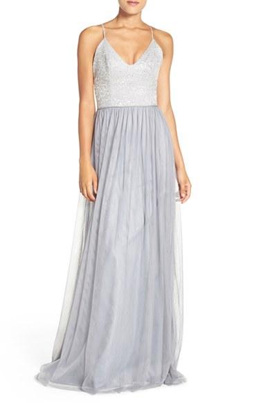 Women's Hayley Paige Occasions Metallic Lace & Tulle Spaghetti Strap Gown