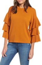 Women's Ribbed Ruffle Sleeve Top - Orange