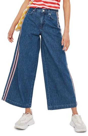 Women's Topshop Moto Stripe Wide Leg Non-stretch Jeans W X 30l (fits Like 24w) - Blue