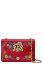 Gucci Small Linea Ricami Floral Embroidered Shoulder Bag - Red