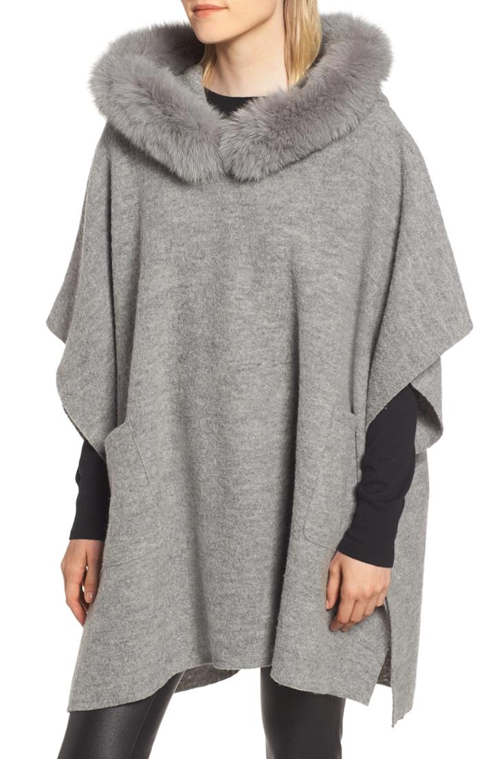 Women's Fleurette Wool Poncho With Genuine Fox Fur Trimmed Hood