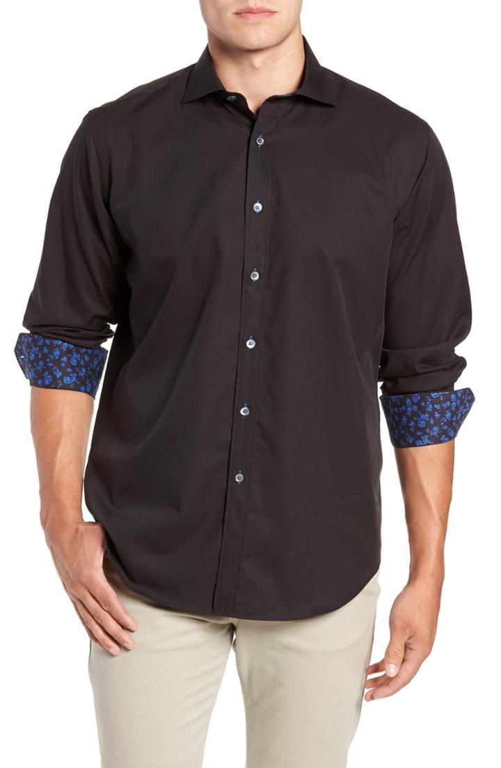 Men's Bugatchi Classic Fit Floral Cuff Sport Shirt - Black