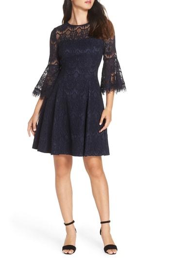 Petite Women's Eliza J Bell Sleeve Lace Dress P - Blue