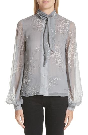 Women's Co Floral Print Tie Neck Crinkle Chiffon Blouse - Grey