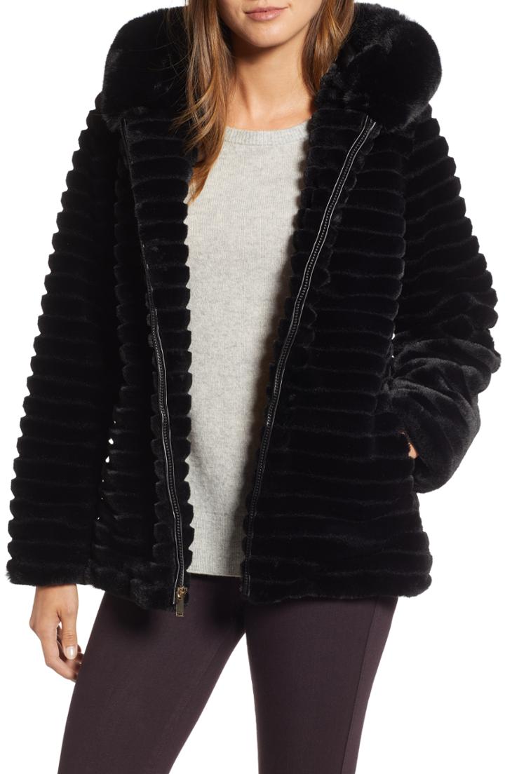 Women's Gallery Faux Fur Hooded Jacket - Black