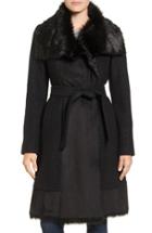 Women's Vince Camuto Faux Shearling Trim Belted Wool Blend Long Coat