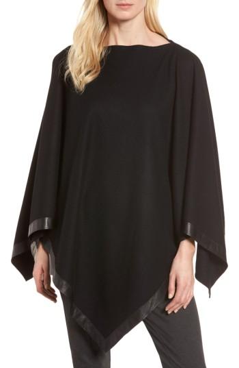 Women's Eileen Fisher Leather Trim Wool Poncho, Size - Black