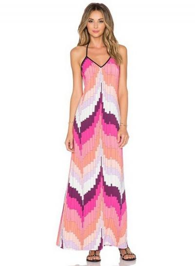 Oasap V Neck Sleeveless Color Block Maxi Beach Dress