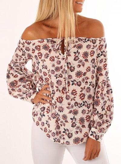 Oasap Off Shoulder Lantern Sleeve Floral Print Blouse
