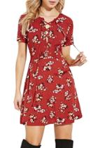 Oasap Women's Lace-up Front Floral Printing Casual Mini Dress