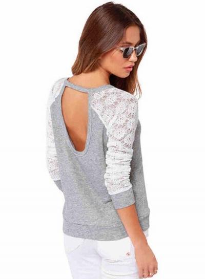Oasap Long Sleeve Lace Panel Backless Pullover Sweatshirt