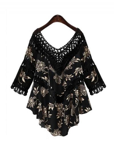 Oasap V Neck Hollow Out Floral Print Blouse