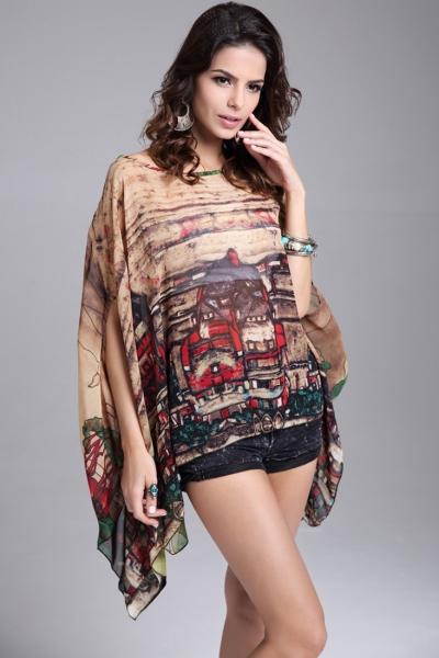 Oasap Fashion Town Print Batwing Chiffon Blouse