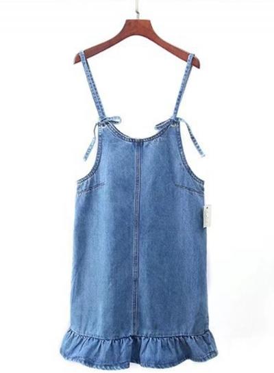 Oasap Spaghetti Strap Sleeveless Ruffles Denim Dress