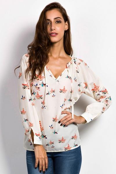 Oasap Beige Graphic Long Sleeves Chiffon Blouse