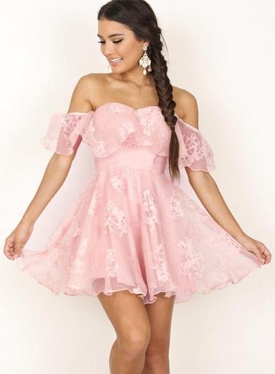 Oasap Off Shoulder Short Sleeve Ruffle A-line Cocktail Dress
