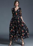 Oasap V Neck Half Sleeve Floral Print Maxi Dress