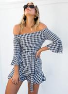 Oasap Plaid Off Shoulder Flare Sleeve Ruffle Dress With Belt