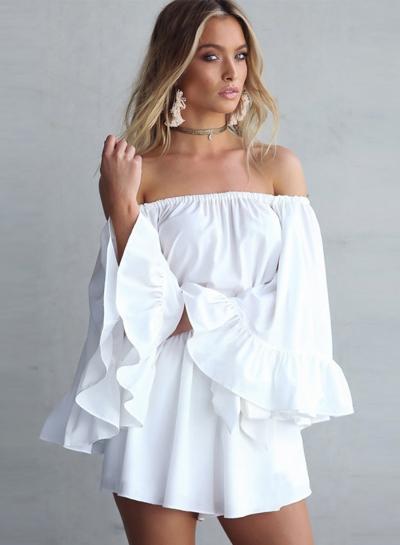 Oasap Slash Neck Flounce Sleeve Romper With Belt