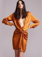Oasap Deep V Knot Front Solid Color Dress