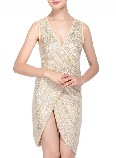 Oasap Women's V Neck Wrap Front Slit Bodycon Mini Sequin Party Dress