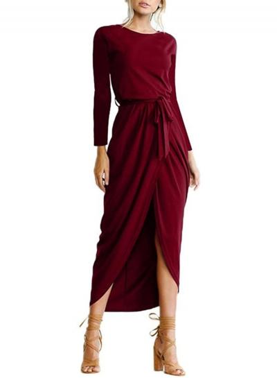 Oasap Elegant Solid Color Long Sleeve Dress With Belt
