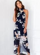 Oasap Halter Sleeveless Backless Elastic Waist Floral Print Maxi Dress