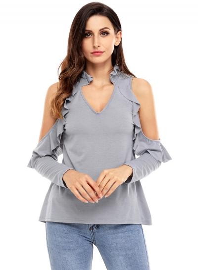 Oasap V Neck Off Shoulder Ruffle Top