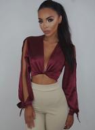 Oasap Deep V Neck Long Sleeve Solid Color Slit Crop Top