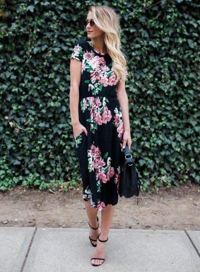 Oasap Floral Print Round Neck Short Sleeve Midi Dress