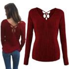 Oasap V Neck Long Sleeve Solid Color Hollow Out Tee Shirt
