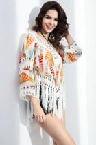 Oasap Crochet Floral Print Fringe Blouse