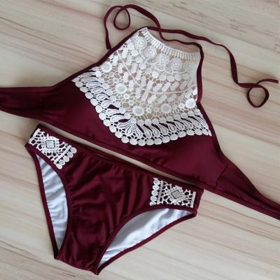 Oasap Lace Panel Color Block High Waist Triangle Bikini Set