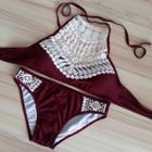 Oasap Lace Panel Color Block High Waist Triangle Bikini Set