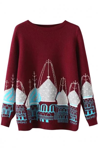 Oasap Cute Castle Print Round Neck Knit Sweater