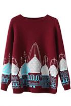 Oasap Cute Castle Print Round Neck Knit Sweater