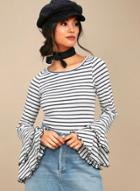 Oasap Casual Striped Flare Sleeve Pullover Tee