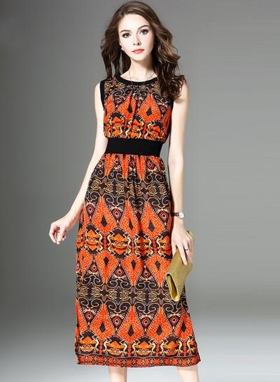 Oasap Boho Sleeveless Printed Elastic Waist Slit Slim Dress