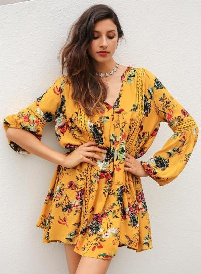 Oasap V Neck Long Sleeve Floral Loose Fit Mini Dress