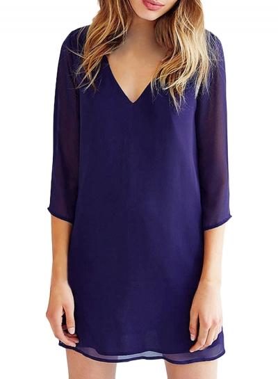 Oasap Women's V Neck Scoop Back 3/4 Sleeve Chiffon Dress