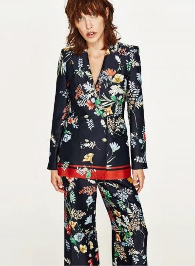 Oasap Turn Down Collar Long Sleeve Floral Printed Double Breasted Blazer