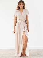 Oasap V Neck Short Sleeve High Slit Solid Maxi Evening Dress With Belt